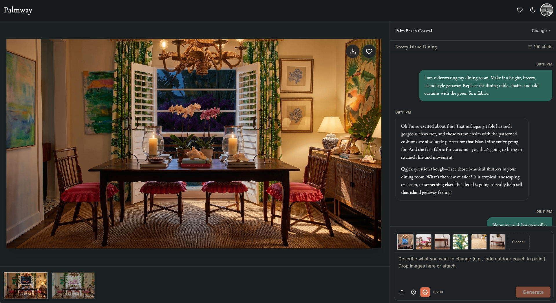 Palmway — conversation and generated interior